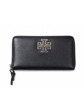 Tory Burch Black Leather Zip-Around Continental Wallet with Gold Hardware
